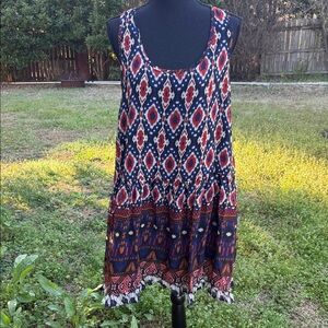 Hayden Tribal Ikat Diamond Print Sleeveless Mini Dress Boho Navy Red Lined Sz XL